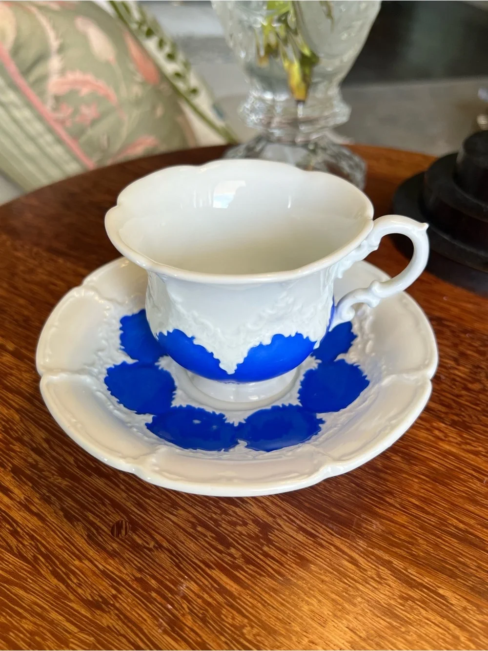Authentic Meissen B-Form Cobalt Blue and White Porcelain Teacup & Saucer Set